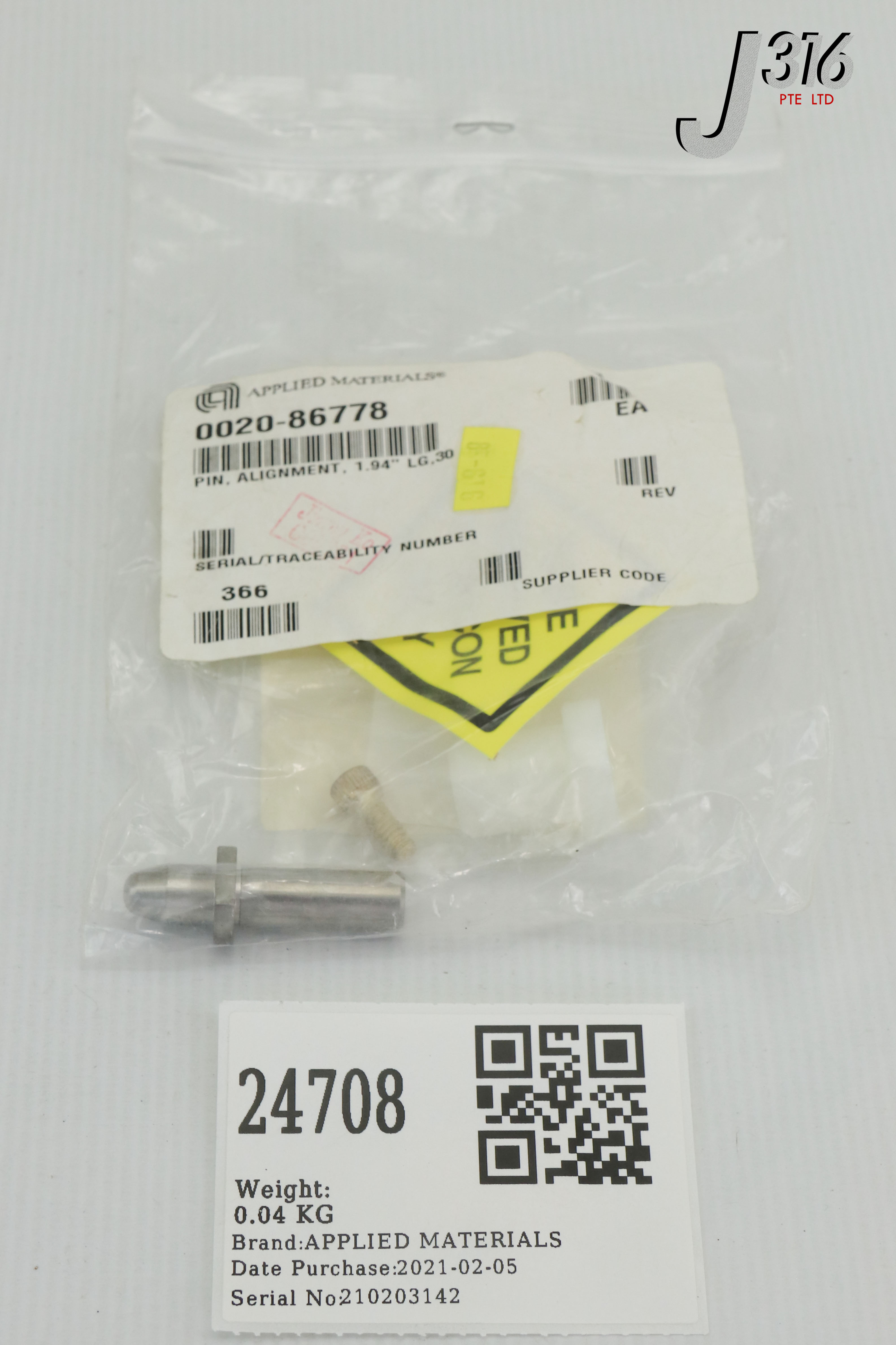pp-「p」 24708 APPLIED MATERIALS PIN, ALIGNMENT, 1.94 LG,30 DEG (NEW) 0020